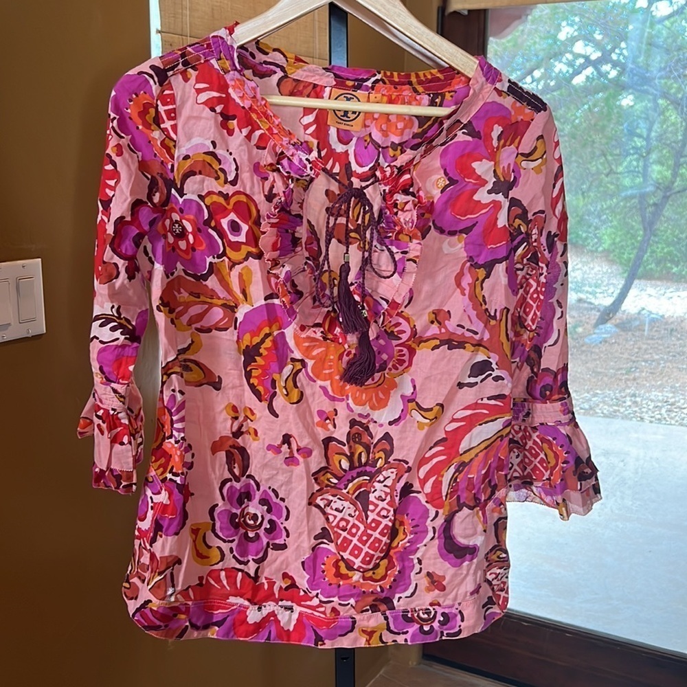 Tory Burch Pink Floral Tassel Tie Boho Blouse Top Size 4 Silk Cotton Blend - Picture 6 of 15